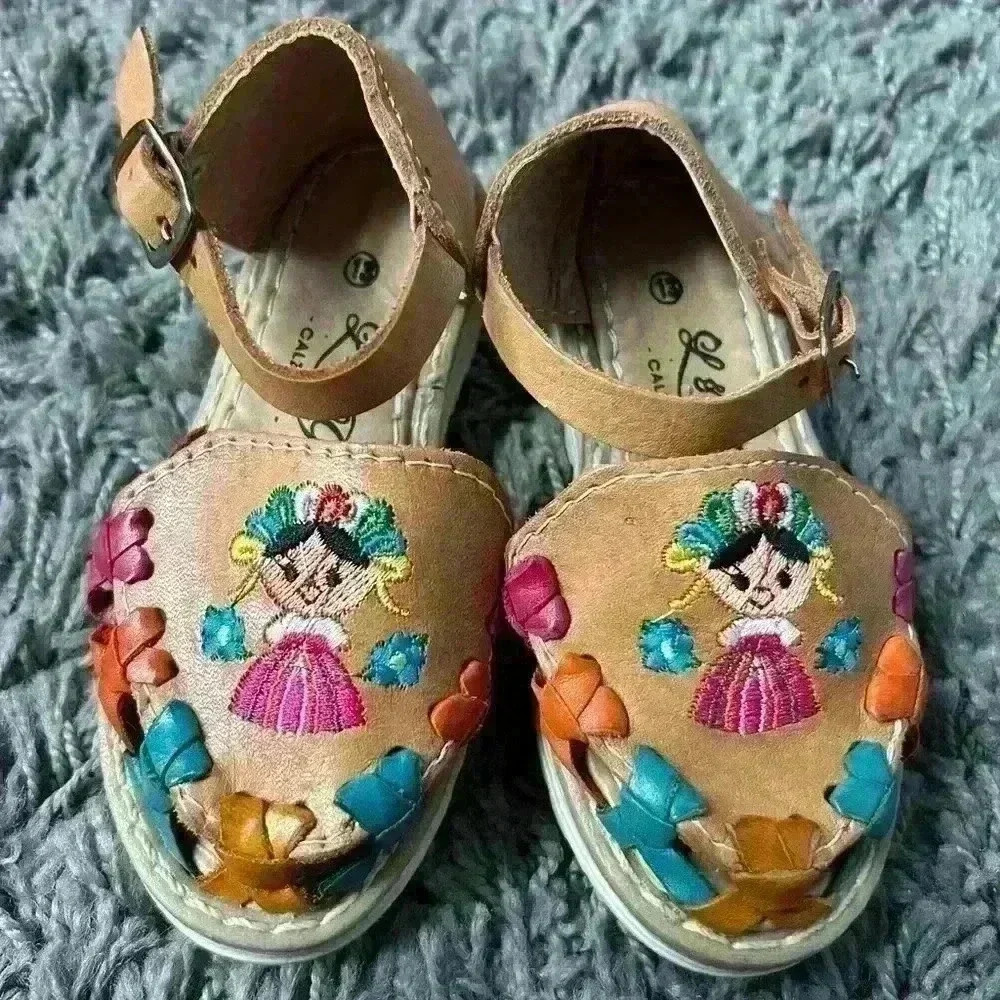 Huarache Girls US 7 Sandals Leather Girl Colorful Mexico Huaraches Floral EUC